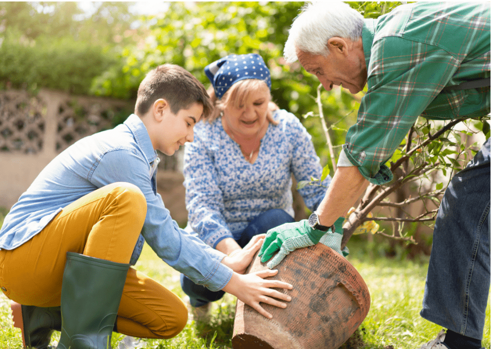 A student from France in the garden at his homestay in Dublin with his host family.